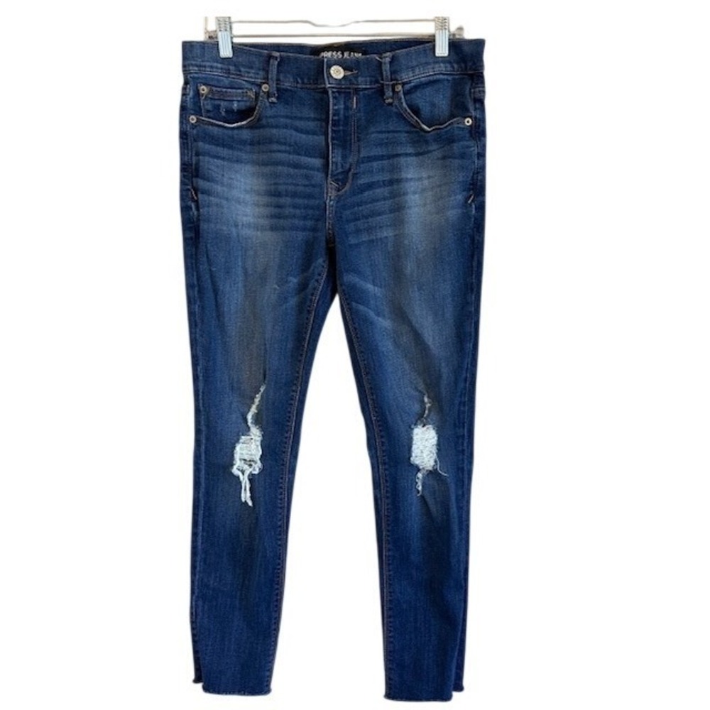 Express Women's Distressed Raw Hem Ankle Legging Denim Blue Stretch Jeans 12